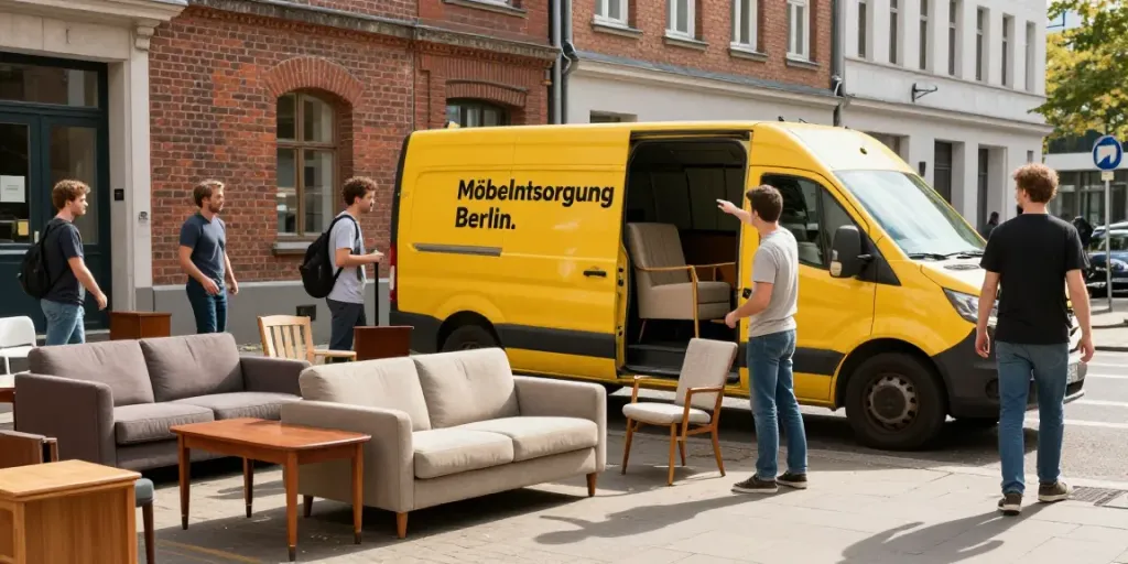 Möbelentsorgung Berlin: Abholung alter Möbel in einer belebten Straße mit freundlichem Team und Sonnenlicht.