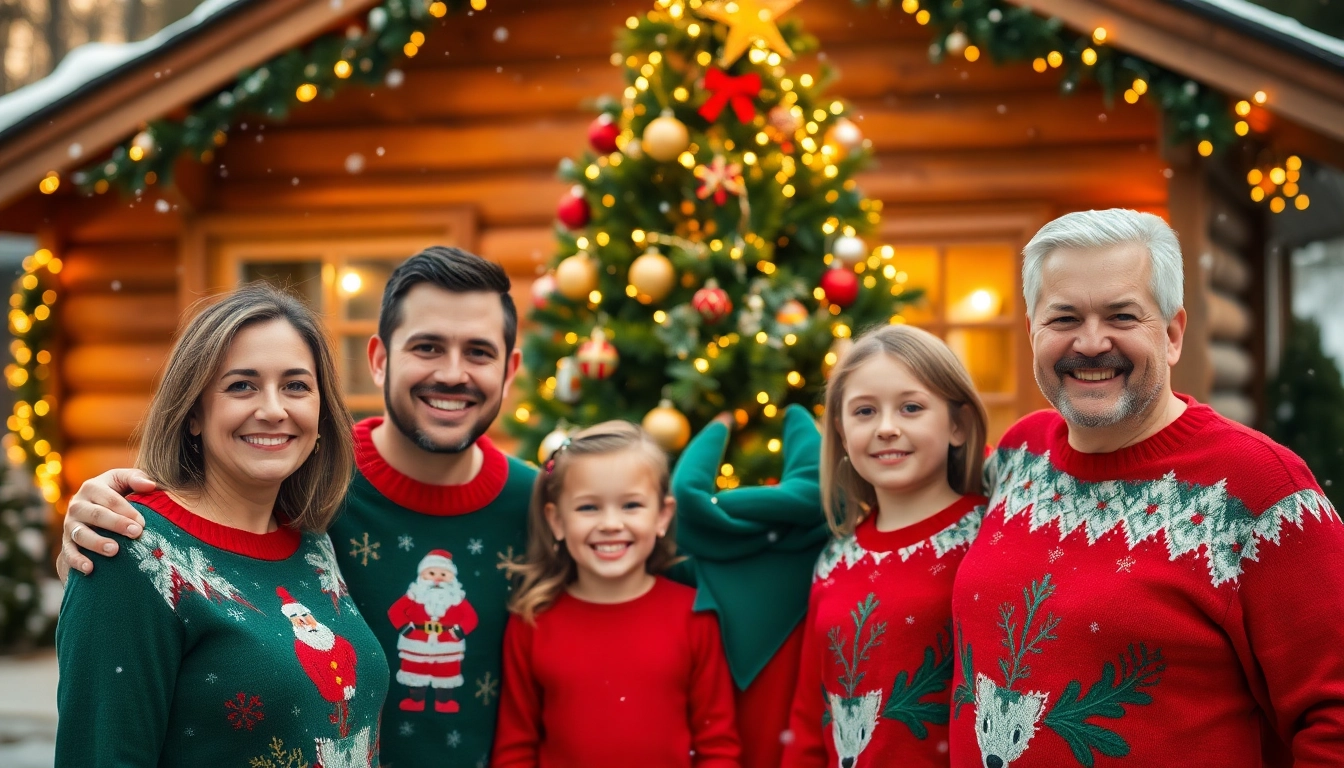 Capture a joyful family christmas photoshoot in front of a decorated tree with snow falling.