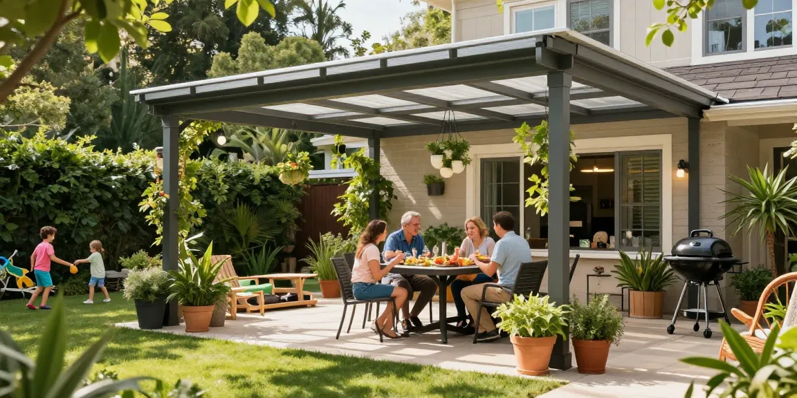 Freistehende Terrassenüberdachung in einem Garten mit Familie beim Essen und Spiel, die entspannte Atmosphäre genießen.