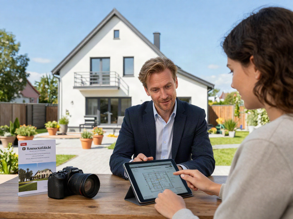 Immobilienmakler Rostock zeigt potenziellen Käufern ein modernes Zuhause mit Berufsunterlagen.