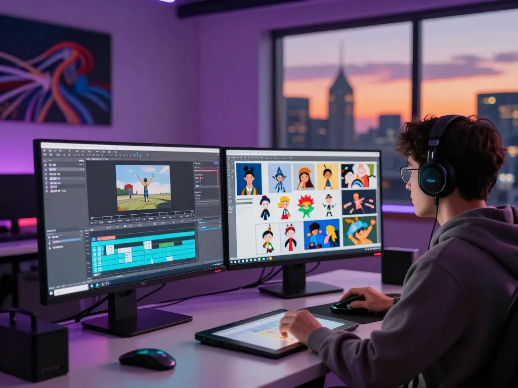 Digital artist using motion control software in a high-tech studio with dual screens and creative designs.