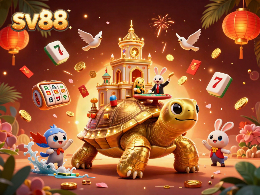 Engaging scene of sv88 featuring a golden tortoise casino, with vibrant 3D elements and dynamic symbols.