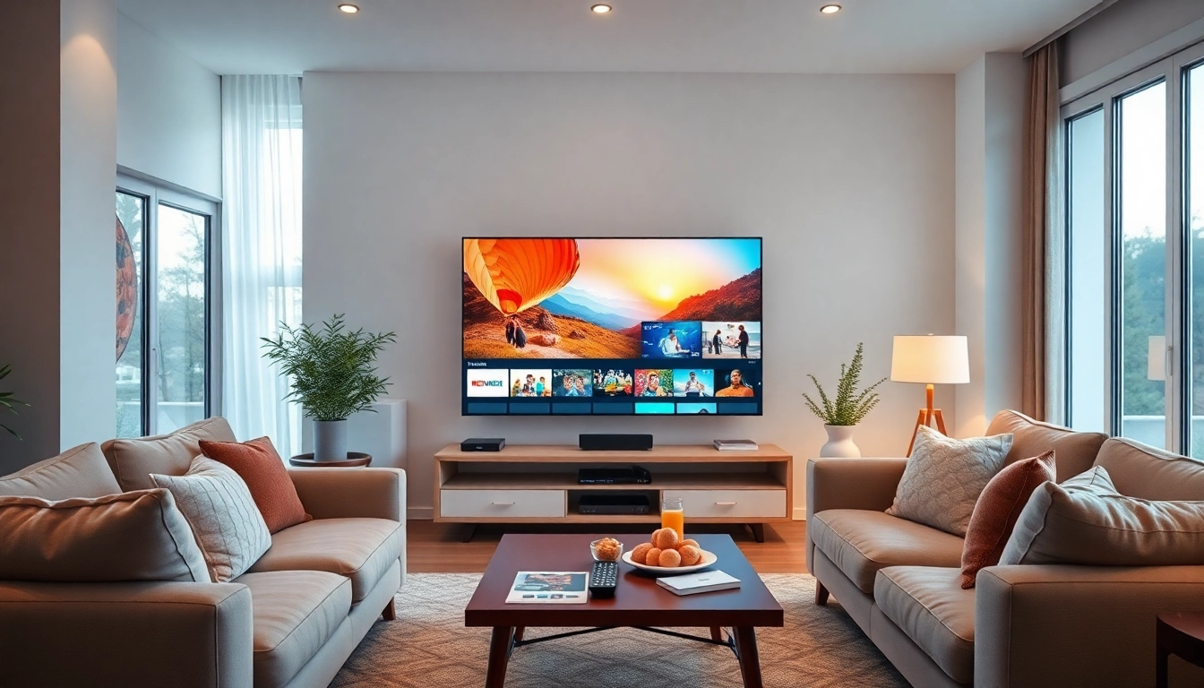 IPTV Anbieter in einem modernen Wohnraum mit lebendigem Streaming-Inhalt.
