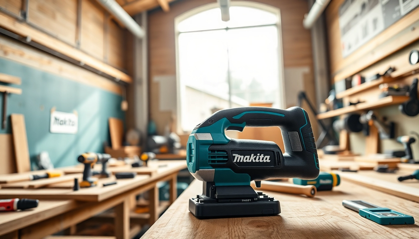 Makita Elektrowerkzeuge in einer professionellen Werkstatt mit Werkzeugen und Holzarbeiten vorgestellt.