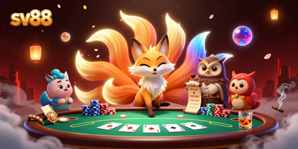 Experience thrilling gameplay with the sv88 poker table, glowing characters, and vibrant casino atmosphere.