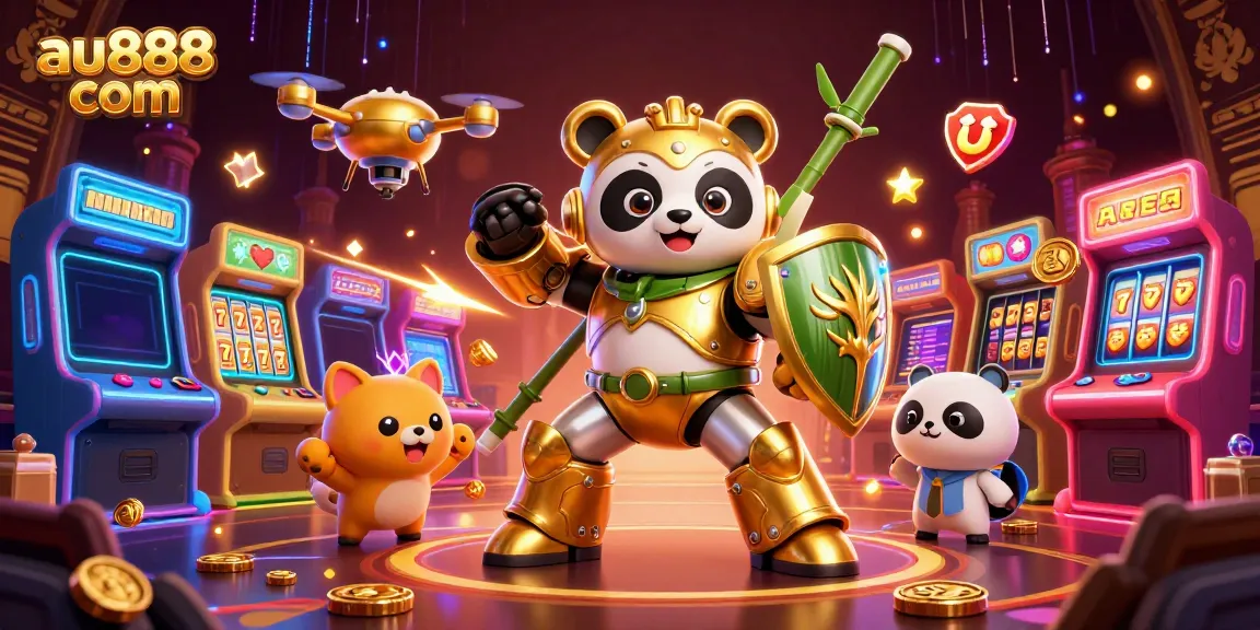 Engage with exciting games on au888 com through a vibrant casino illustration featuring a golden panda and animated elements.