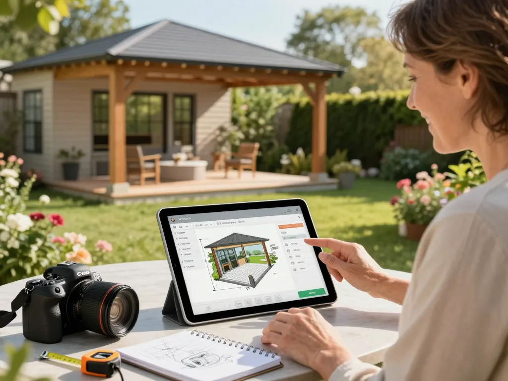 Kunde, der einen Veranda 3D Konfigurator in einem sonnigen Garten verwendet, um Außenansichtsoptionen zu visualisieren.