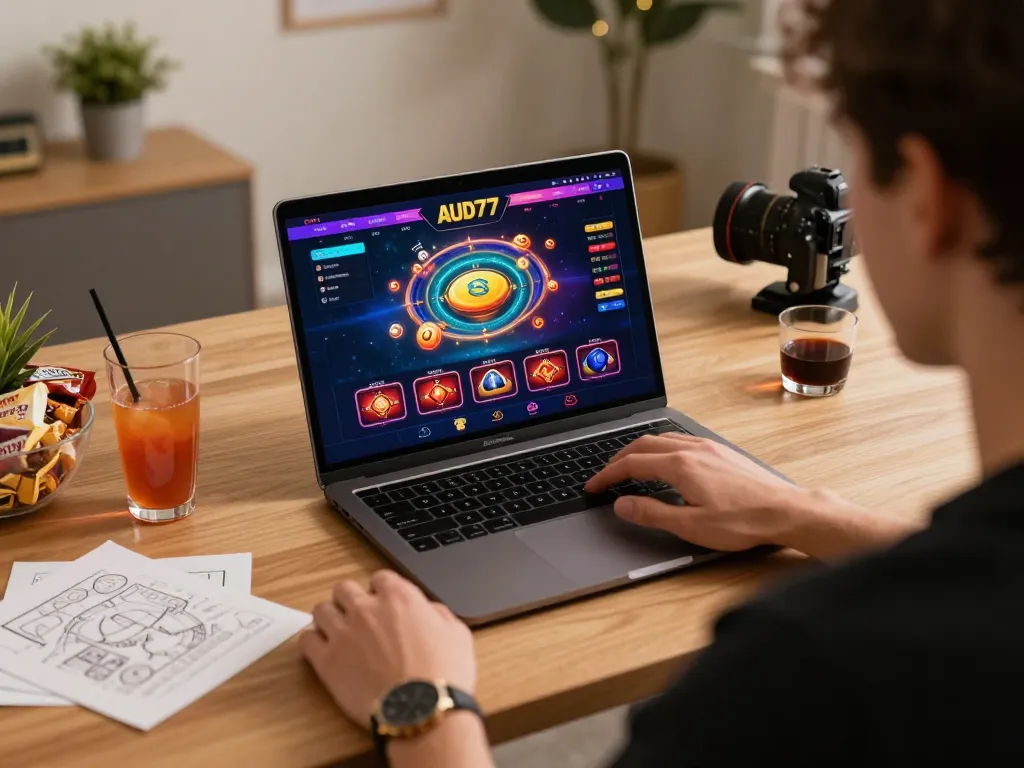 Player enjoying online gaming at aud77 casino on laptop in a cozy home office.