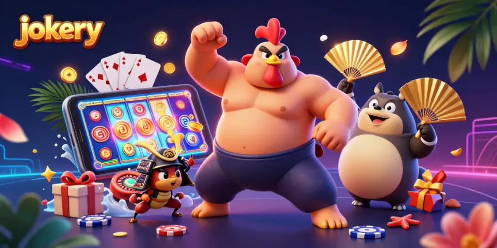 Engage in jokery action with sumo rooster, samurai cricket, and tanuki announcer in vibrant casino scene.