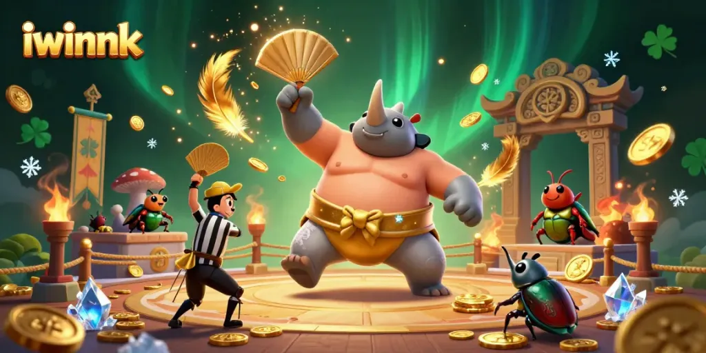 Experience the thrill with iwinnk as a sumo beetle champion stomps golden coins in a vibrant casino arena.