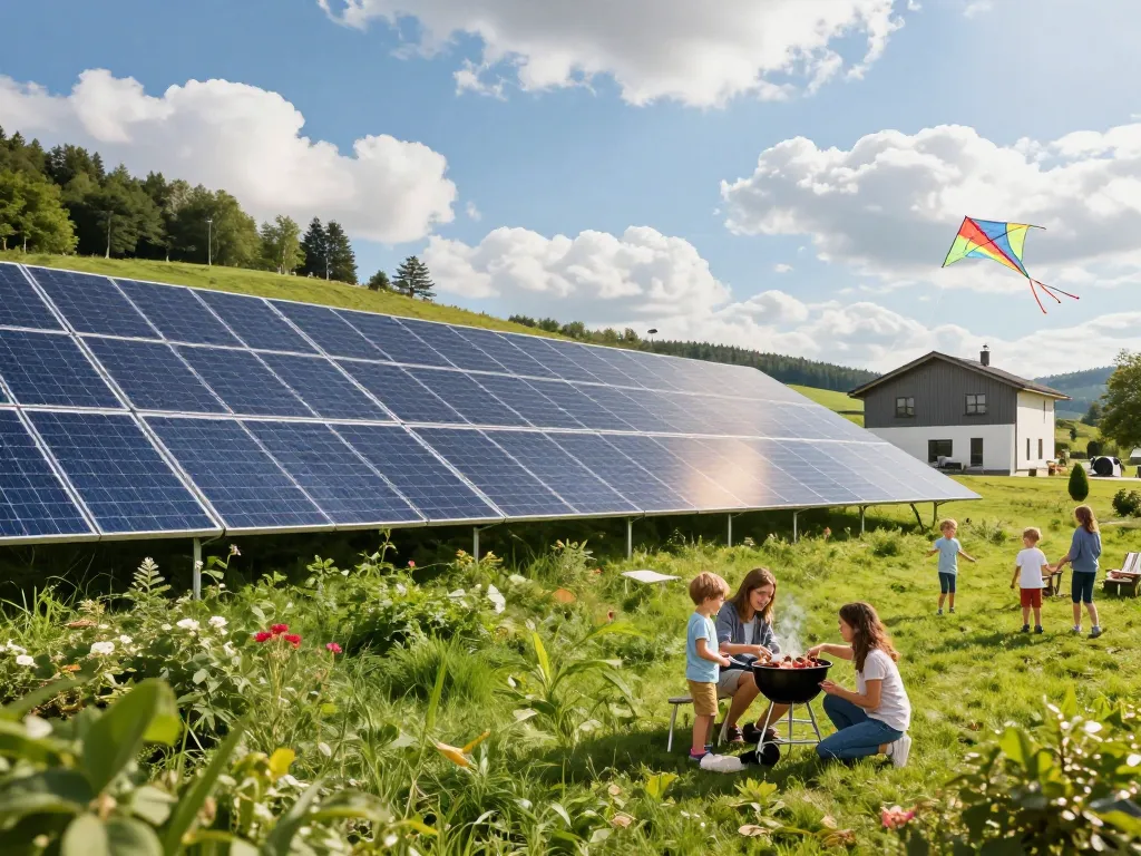 Photovoltaik Bayern mit Solar-Panels in einer sonnigen Landschaft, während eine Familie ein Barbecue genießt und eine moderne Wärmepumpe nutzt.