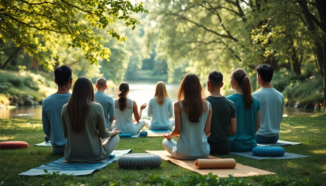 Emphasizing emotional wellbeing, diverse individuals practice mindfulness outdoors surrounded by nature.