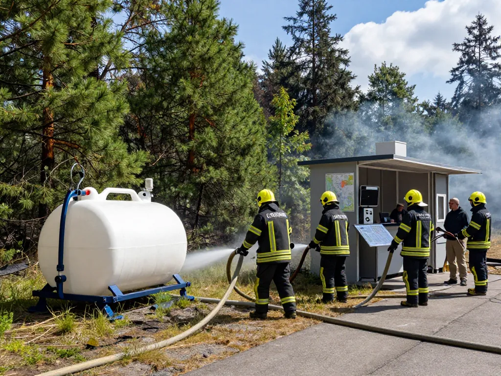 Löschwasserzisterne für Brandschutzkonzept im Einsatz mit Feuerwehrleuten, die zusammenklappbare Zisternen verwenden, um effektives Feuerlöschen zu gewährleisten.