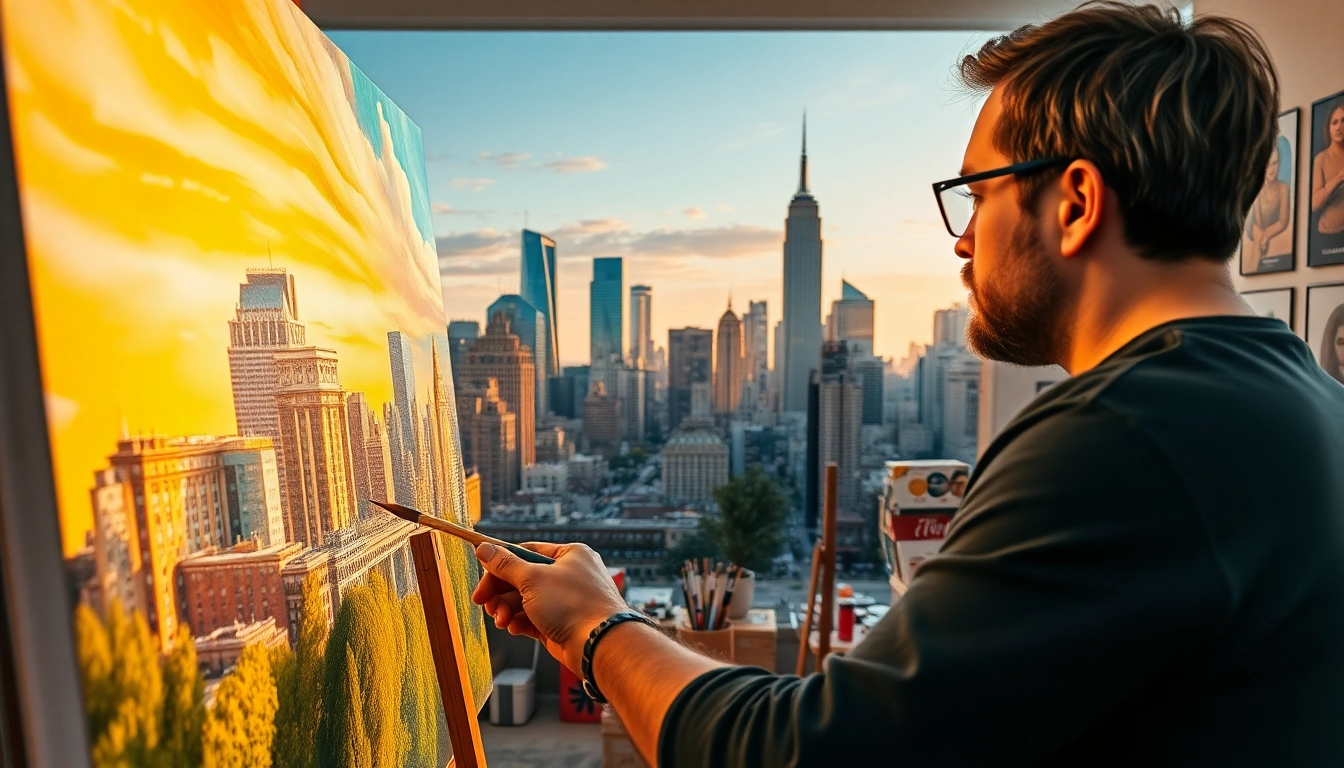 Artist painting a vibrant cityscape on canvas, capturing creativity and energy.