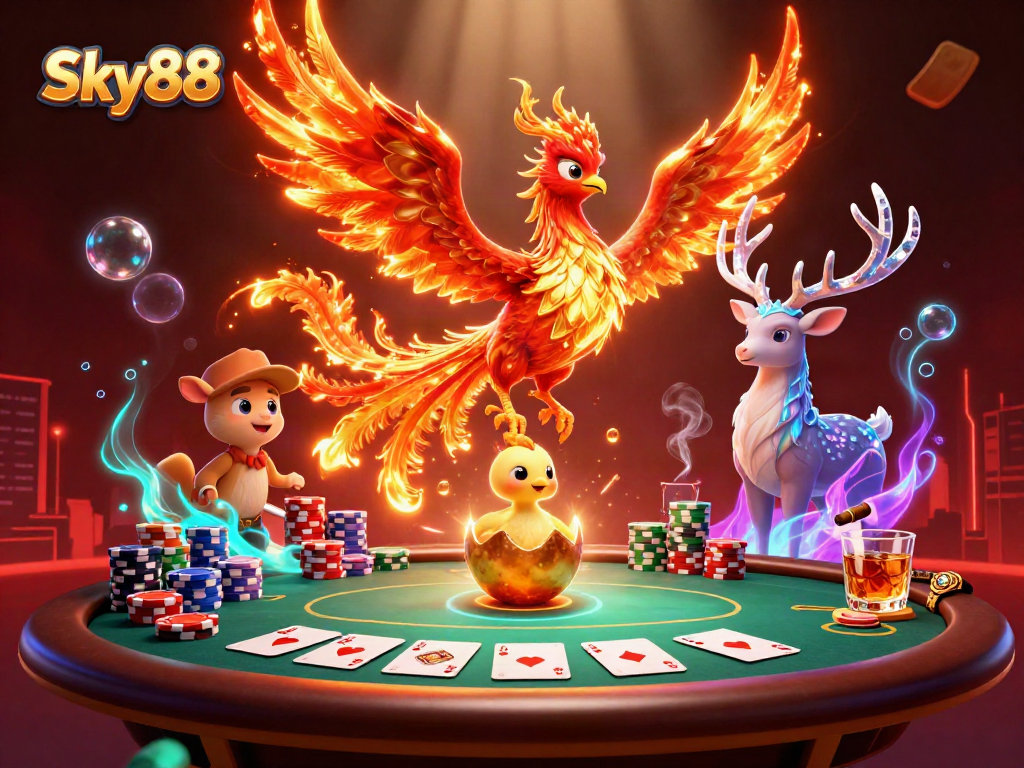 Experience thrilling poker action with Sky88, a vibrant scene featuring a phoenix and casino elements.