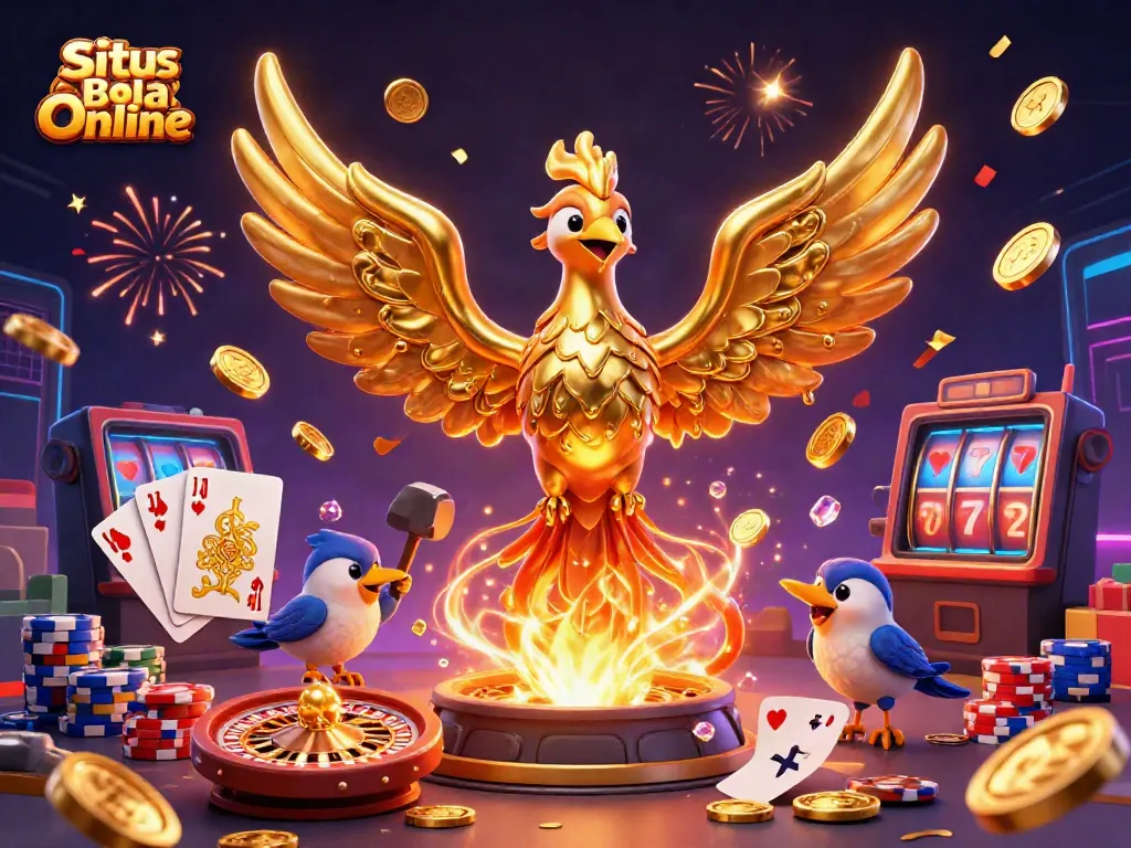 Experience excitement with Situs Bola Online featuring a golden phoenix, coins, and dynamic casino elements.