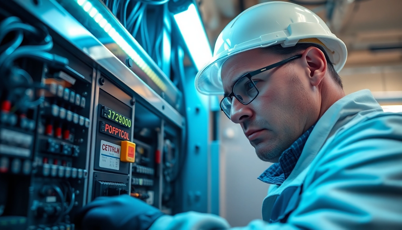 Technician performing DGUV V3 Prüfung on electrical equipment, ensuring workplace safety and compliance.