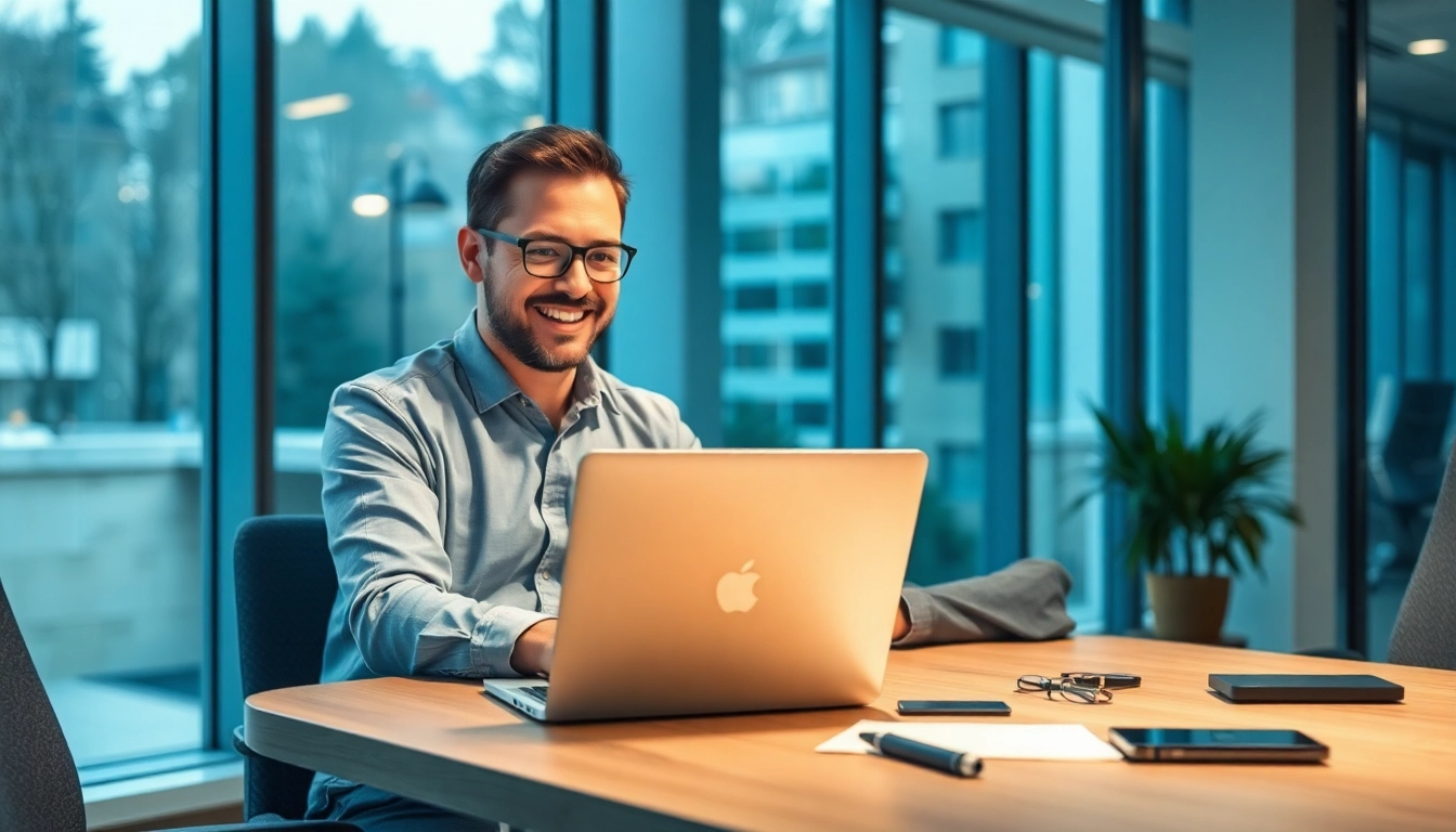 Headhunter IT bei der Arbeit in einem modernen Büro, umgeben von Technikelementen.