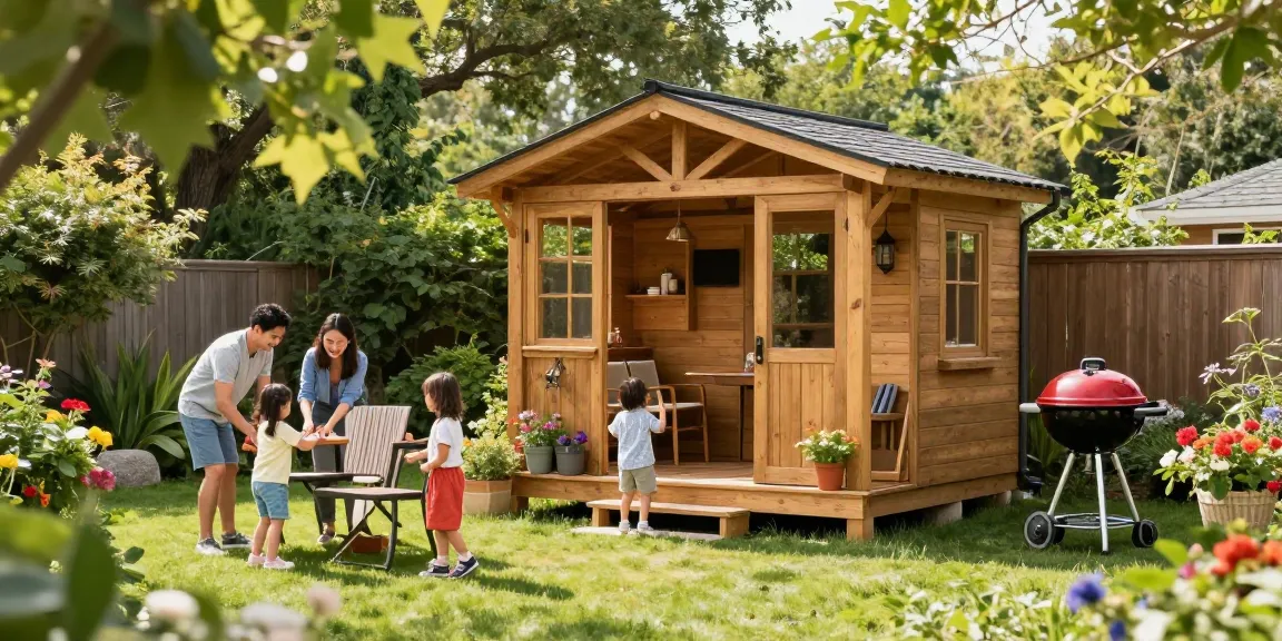 Gartenhäuser für die Familie: Ein schönes Gartenhaus im Grünen mit einer glücklichen Familie, die gemeinsam Zeit im Freien verbringt.