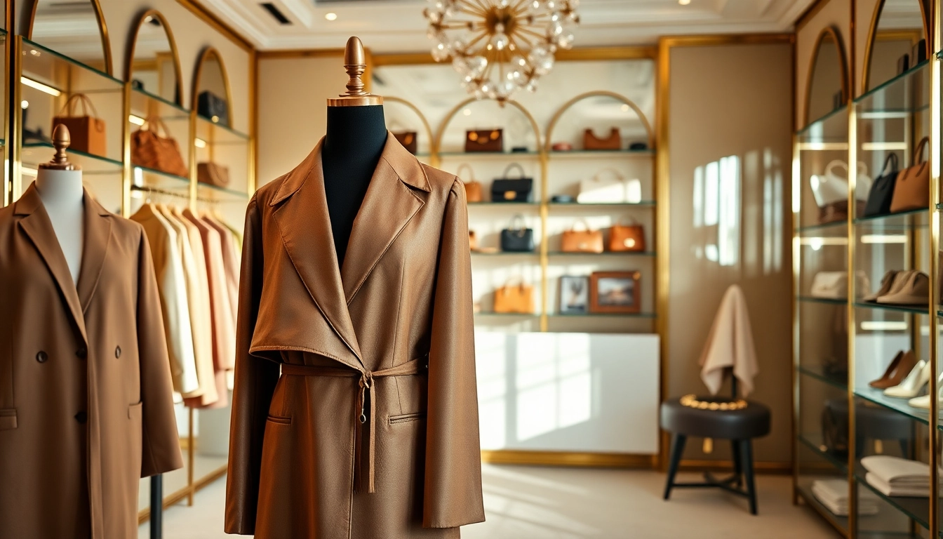 Alvionz luxury fashion boutique display showcasing elegant outfits and accessories in a chic setting.
