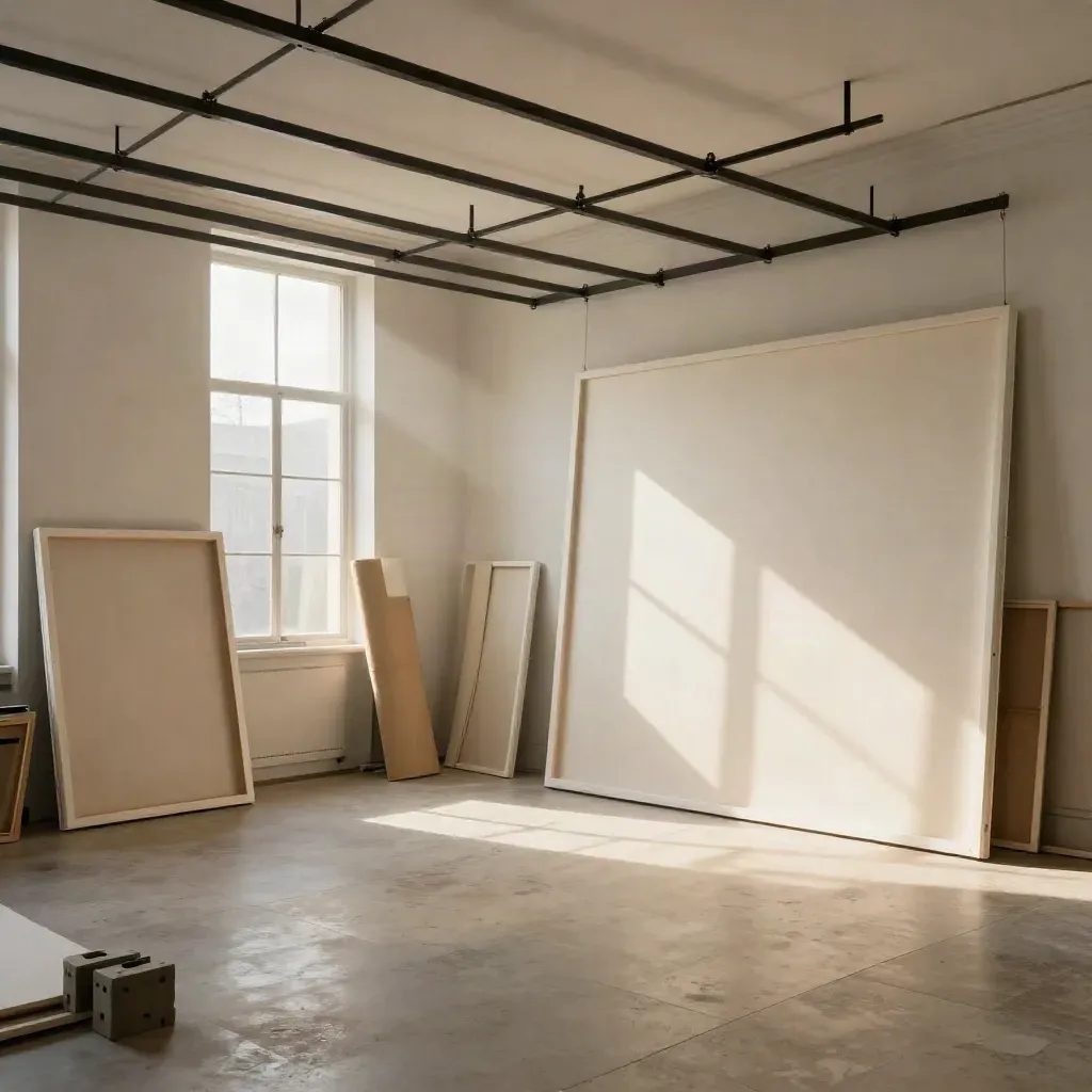 Hohe Kunststudio-Bucht mit gerahmten Drucken, Leinwandrolle und Hängesystem im Licht.