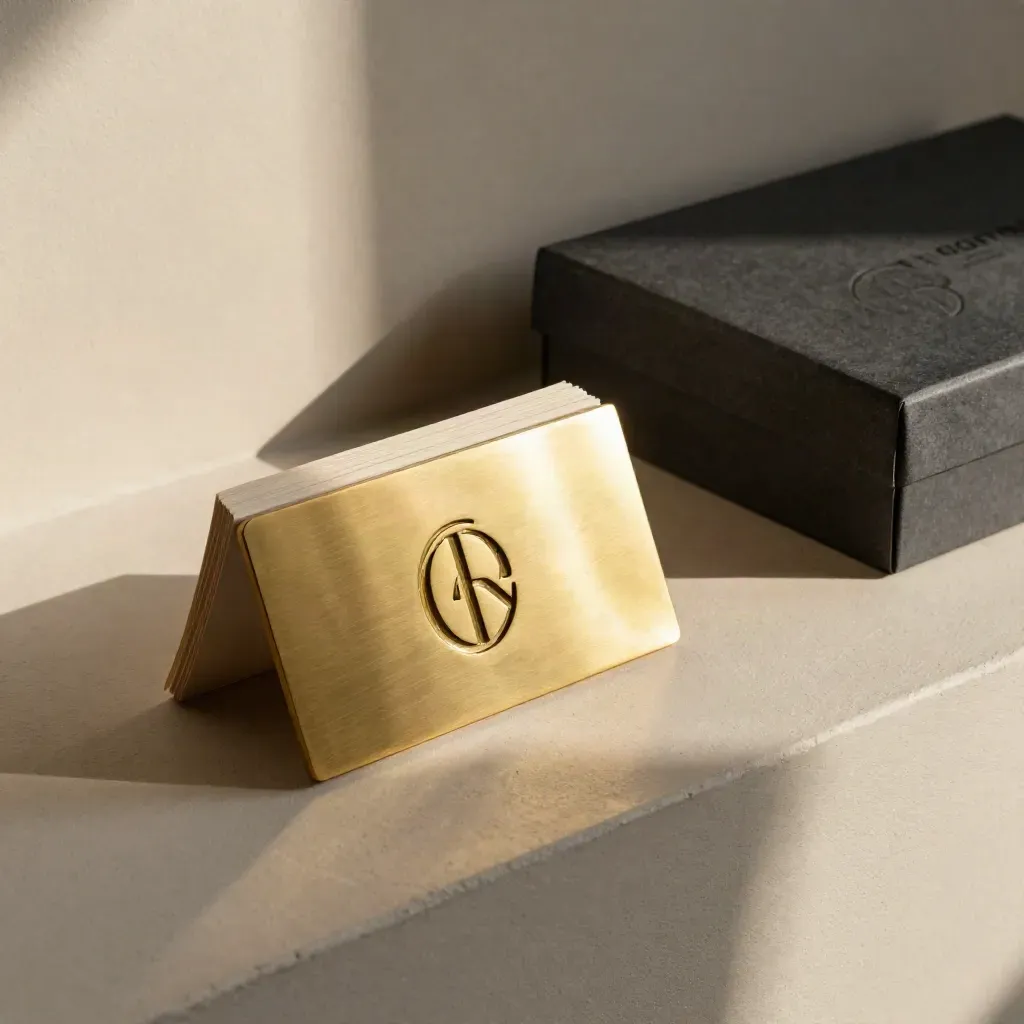 Brass-Logoplakette, Karten und schwarze Markenbox auf einer hellen Putzkante.