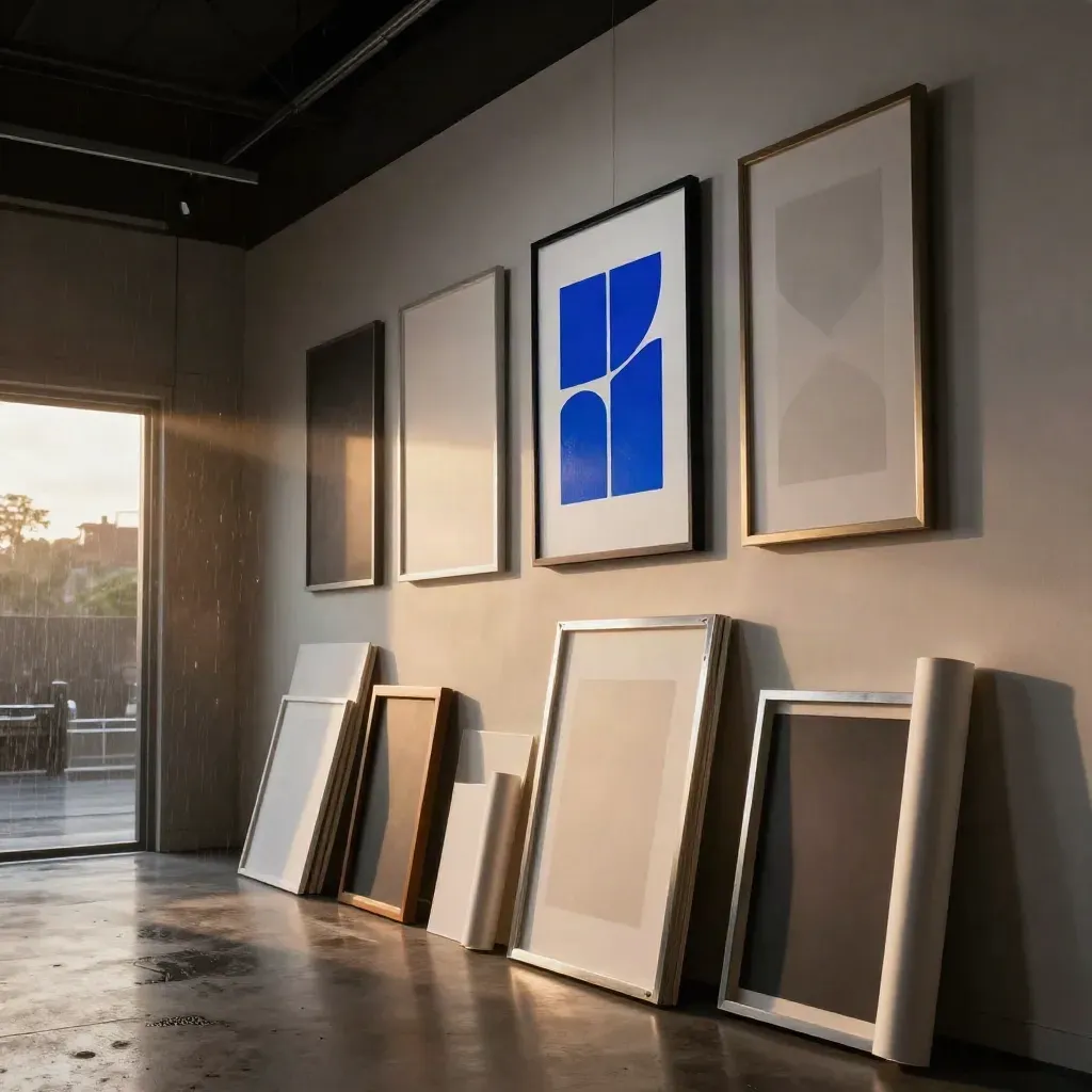 Dramatische Studio-Galerie mit gerahmten Logo-Marken, Papierrollen und blauem Akzentlicht.