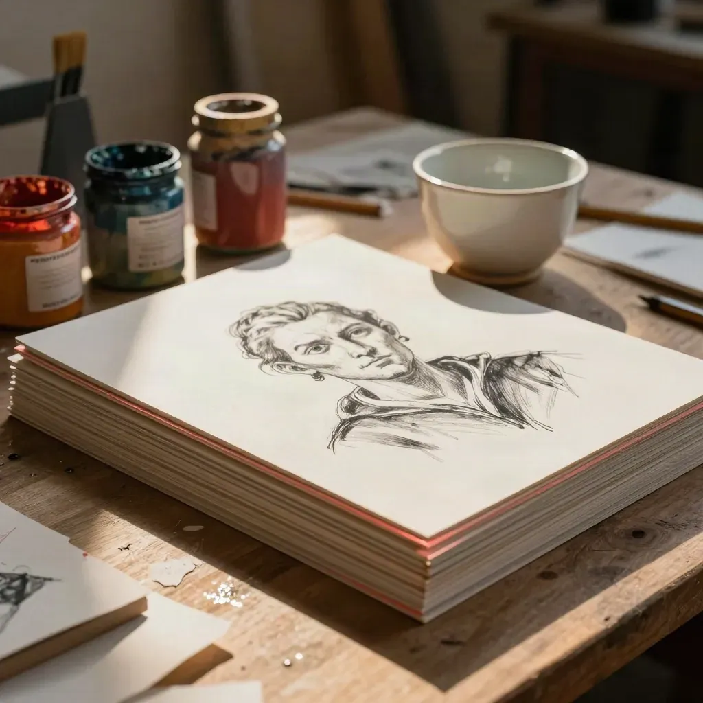 Gestapelte Illustrationsboards, Gouachekanten, Pinselgläser und Papierschnipsel im Atelierlicht.