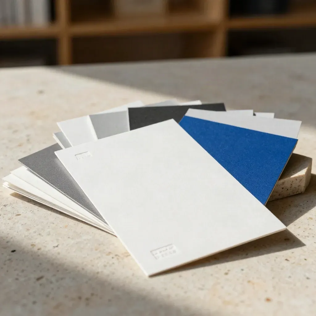 Branding-Materialien mit Karten, Mustern und Verpackungswraps auf Stein im warmen Licht.
