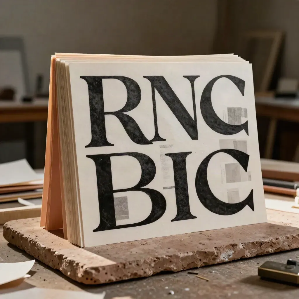 Abstrakte Typografie-Skulptur aus Papier und schwarzen Formen im Galerielicht