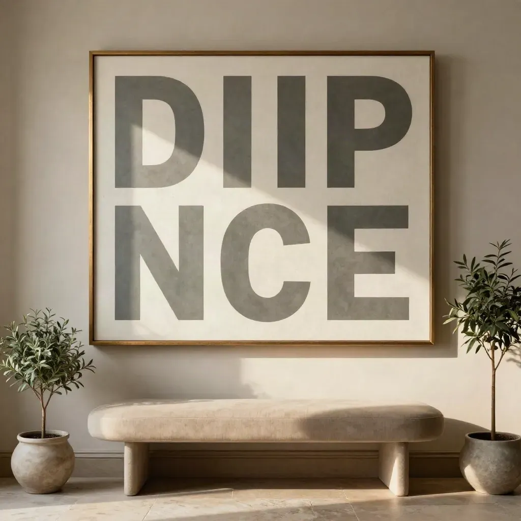 Ruhiges Wartezimmer mit Typo-Wandbild, Bank und zwei Pflanzen in warmen Naturtönen.