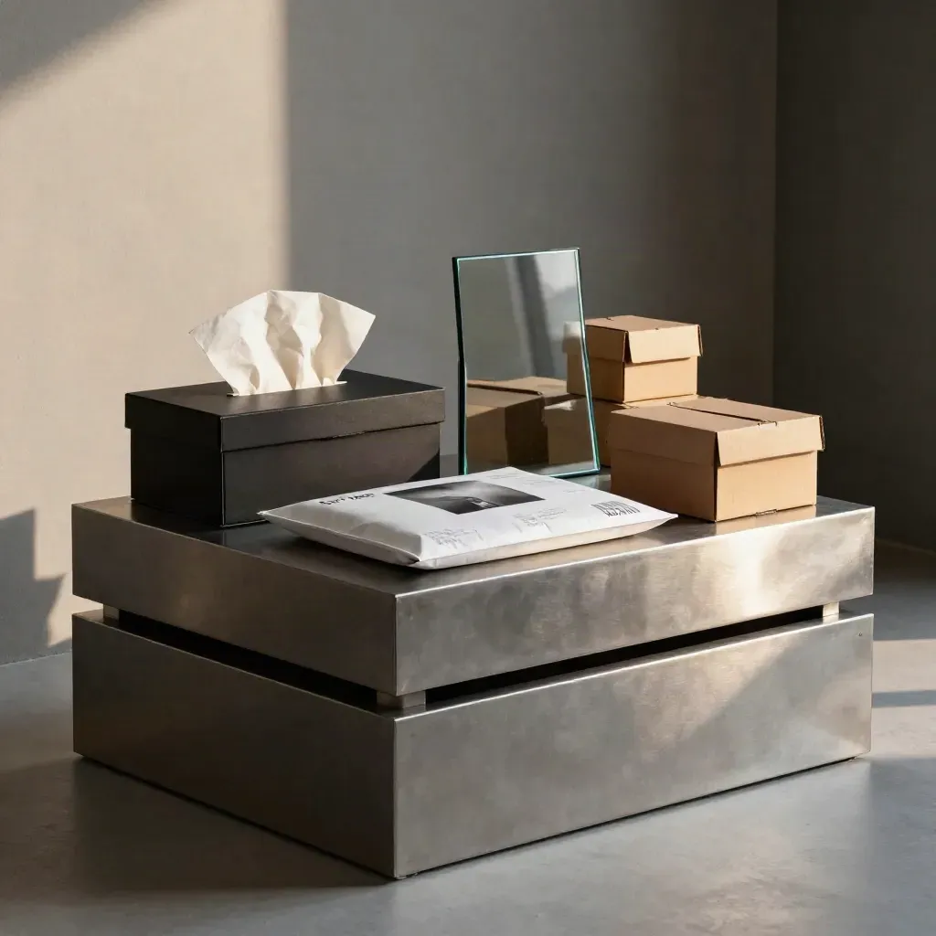 Brushed-Steel-Podeste, schwarze Verpackungen und gerahmte Kunstprints im Studio