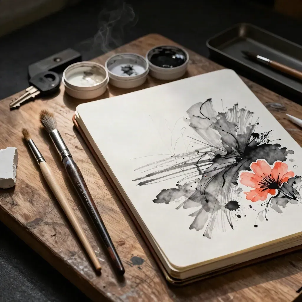 Illustrationswerkzeuge: Wasserpinsel, Fineliner und Gouache neben Skizzenbuch mit Farbtupfern