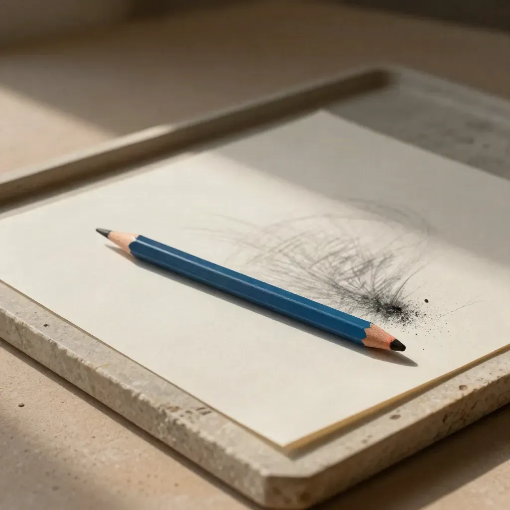 Erasede Skizzen, Transparentpapier und blauer Bleistift auf hellem Steintray im weichen Licht.