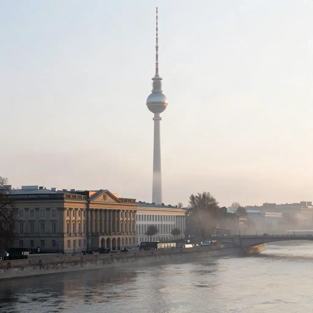 Berliner Skyline bei Morgendunst mit Fernsehturm und Museum Island über der Spree.