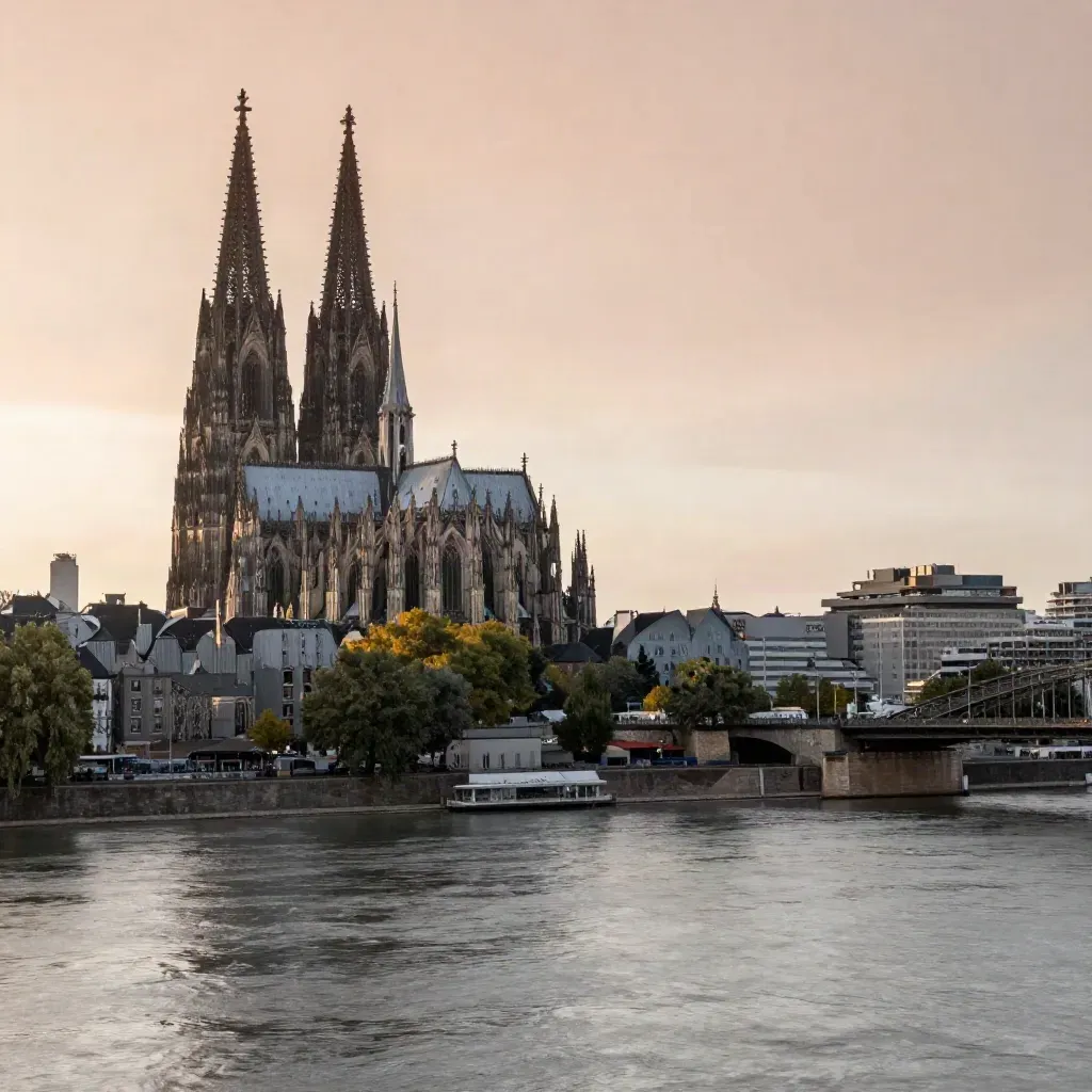 Kölner Dom über dem Rhein im goldenen Licht nach Regen, mit ruhigem Vordergrund.