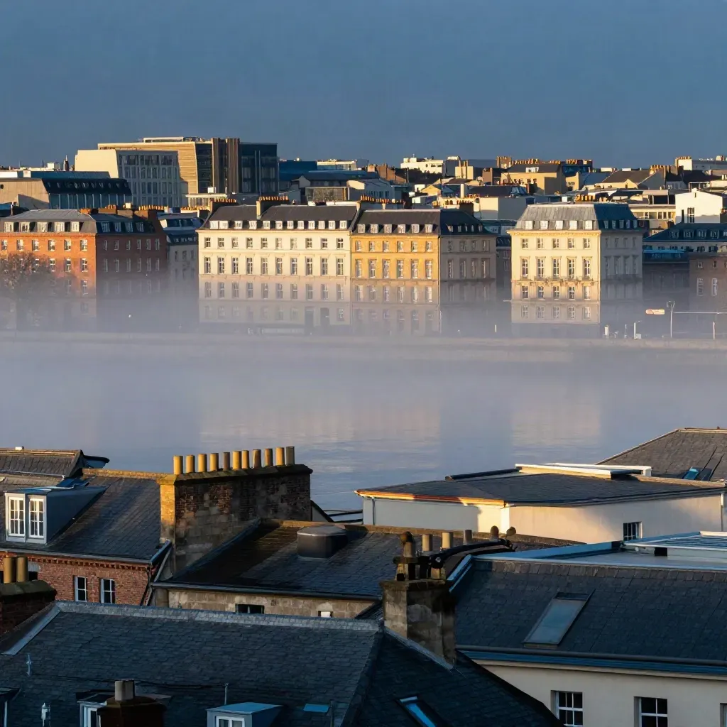 Weite Stadtansicht mit Dächern, Flussnebel und moderner Skyline im Abendlicht
