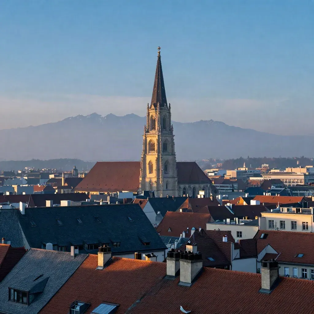Münchner Dächer, Frauenkirche und Alpenhorizont im blauen Abenddunst.