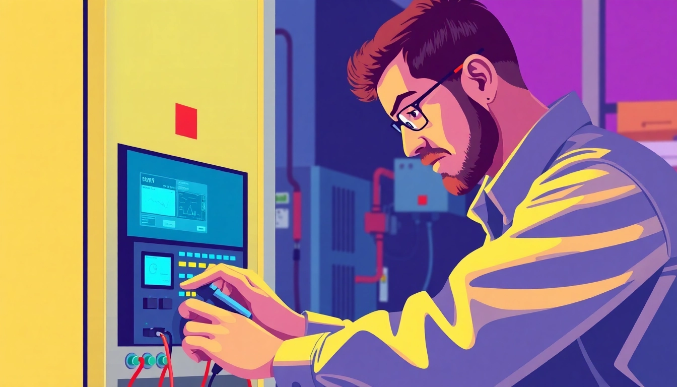 Technician performing a funktionsprüfung on electrical devices, showcasing precision and expertise.