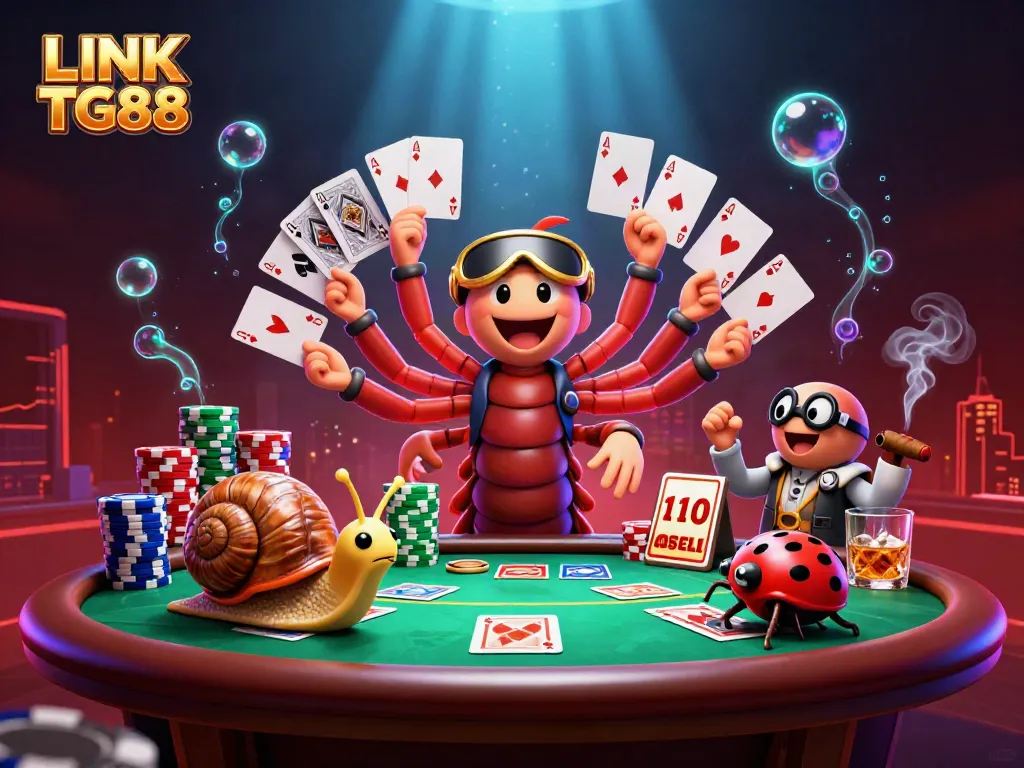 Interact with the vibrant LINK TG88 casino scene featuring a millipede dealer and high-roller snail.