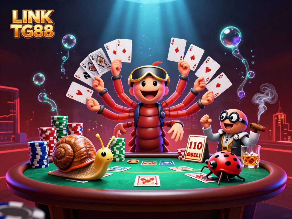 Interact with the vibrant LINK TG88 casino scene featuring a millipede dealer and high-roller snail.