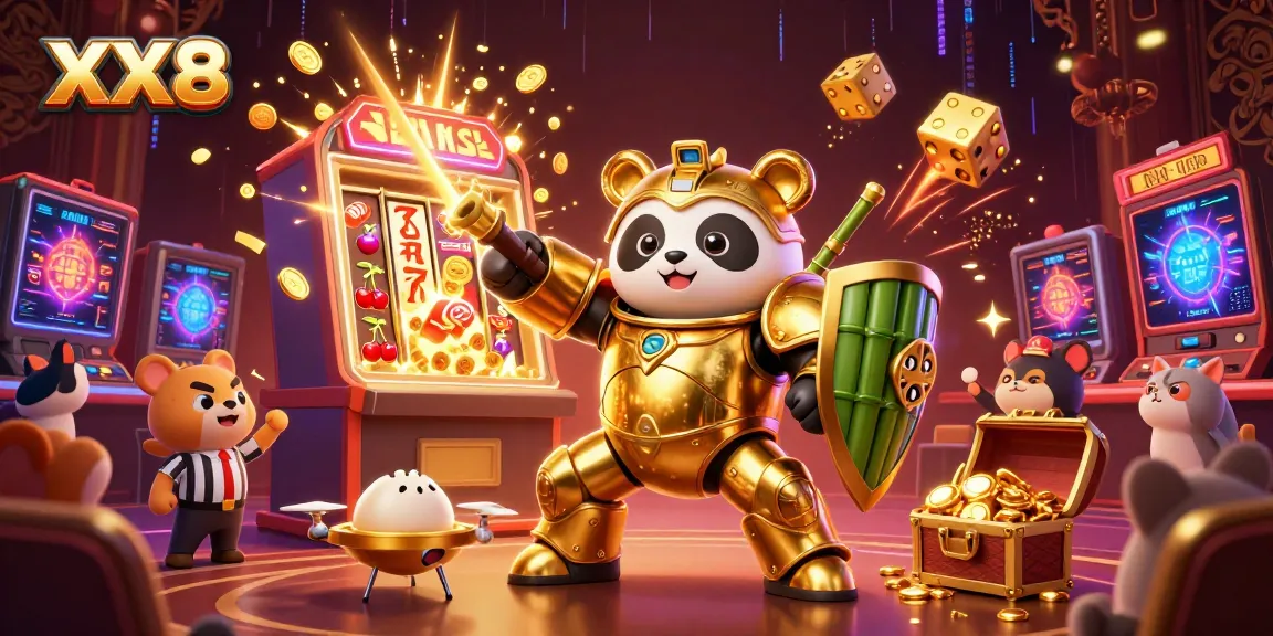 Experience the excitement of XX8 with a golden panda robot in a dynamic casino scene.