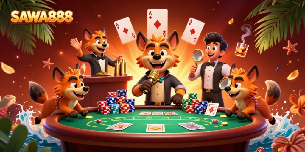 Experience the excitement at SAWA888's comedy casino with hyenas entertaining, mixing drinks, and checking IDs.