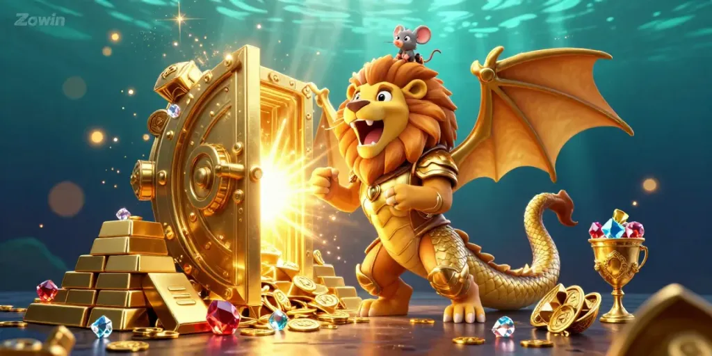 Zowin offers an exhilarating experience with a roaring chimera character amidst treasures and gems.