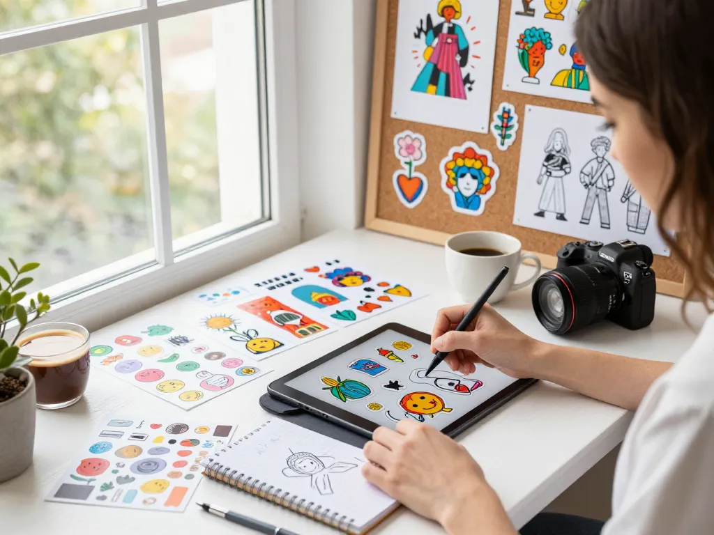 Custom sticker erstellen in a vibrant design workspace with sketches, tools, and colorful samples.