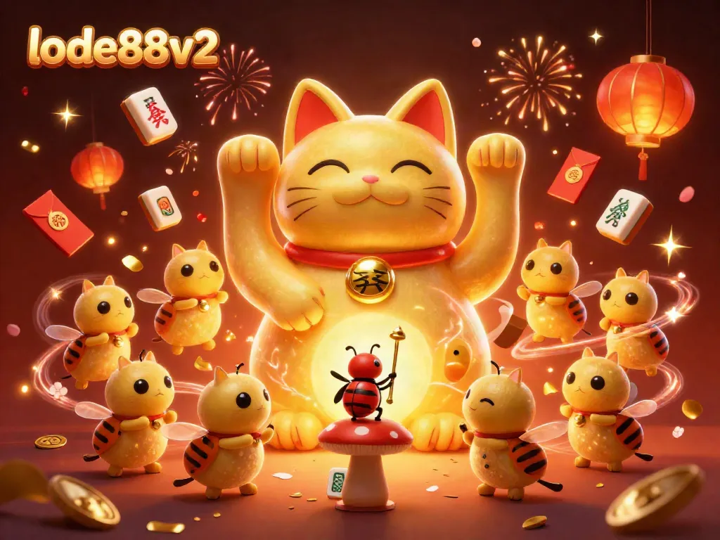 Experience the excitement at lode88v2 with a stunning display of a lucky cat and casino symbols.