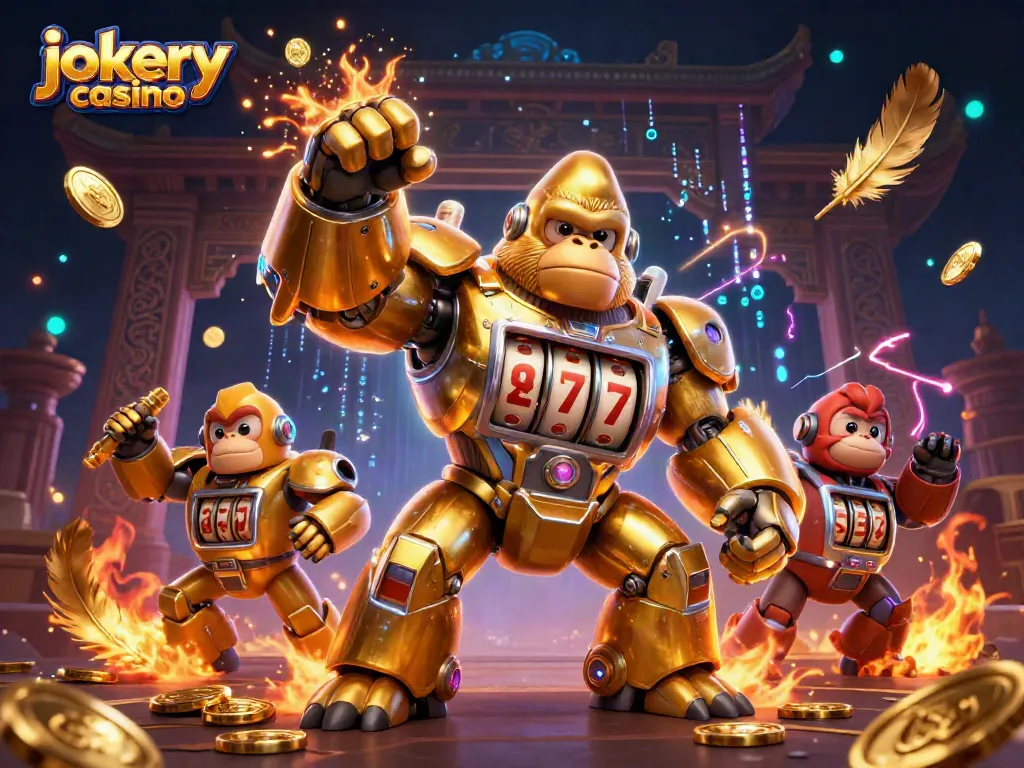 Experience thrilling wins at jokery casino with this dynamic 3D scene of a golden mech and vibrant casino elements.