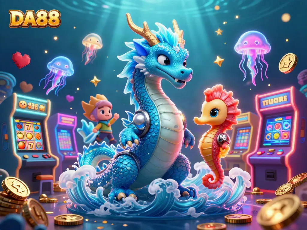 Experience thrilling gameplay at DA88 with vibrant slot reels and a dynamic underwater scene.
