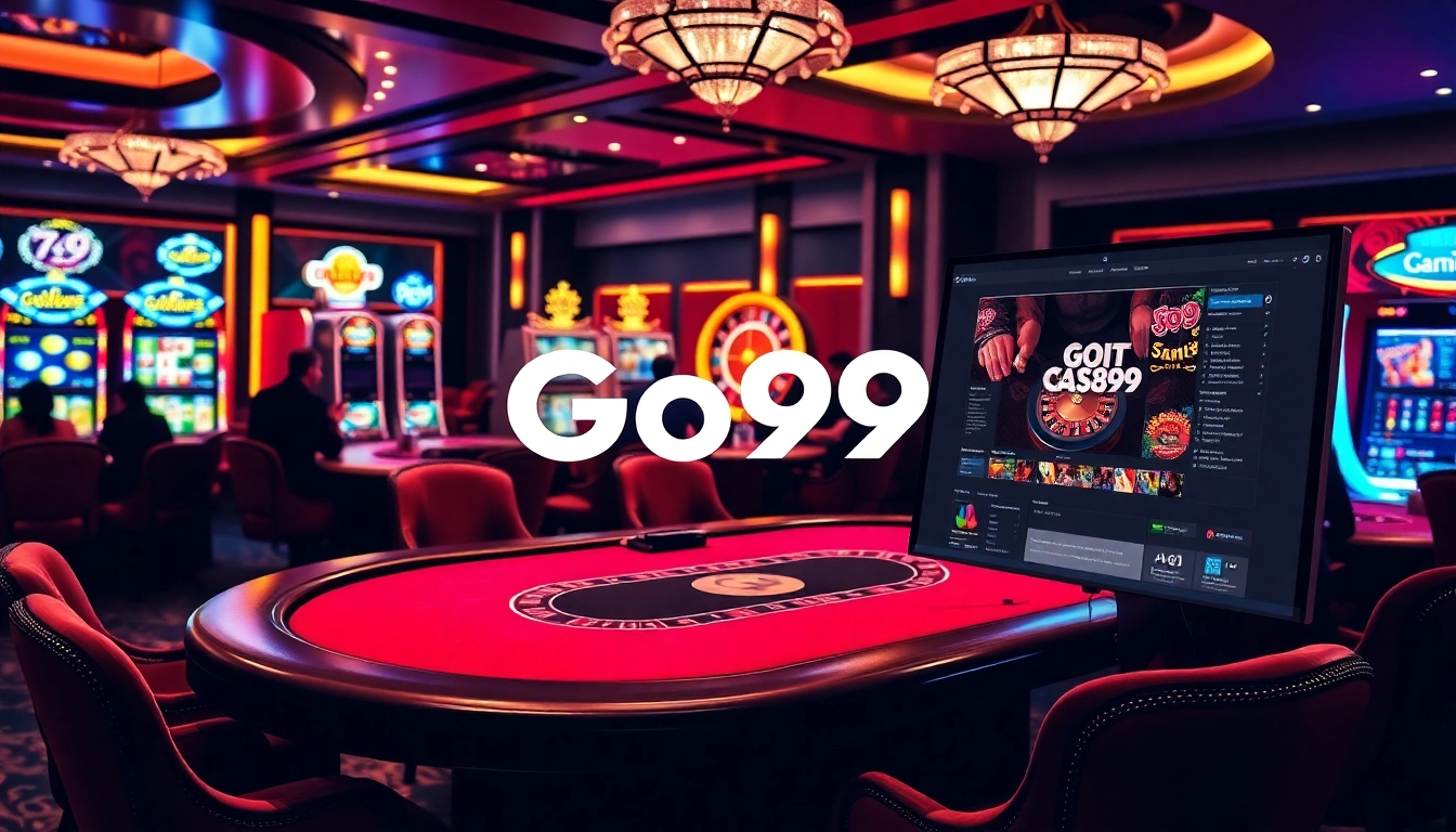 Go99 gaming action featuring blackjack and slot machines in an elegant casino setup