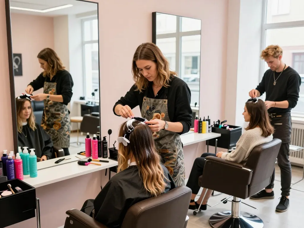 Charmerende damefrisør salon med en stylist, der påfører hårfarve, og viser livlige farver samt en indbydende atmosfære.